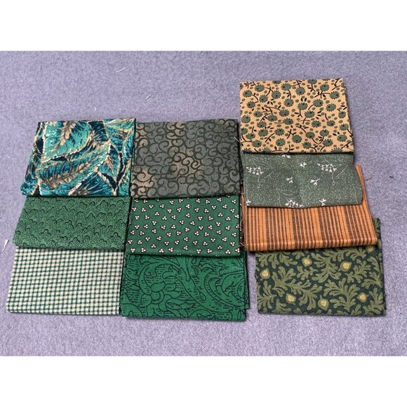 Set of 10 Green & Gold Quilting Fabric Squares With Patterns - Picture 1 of 7